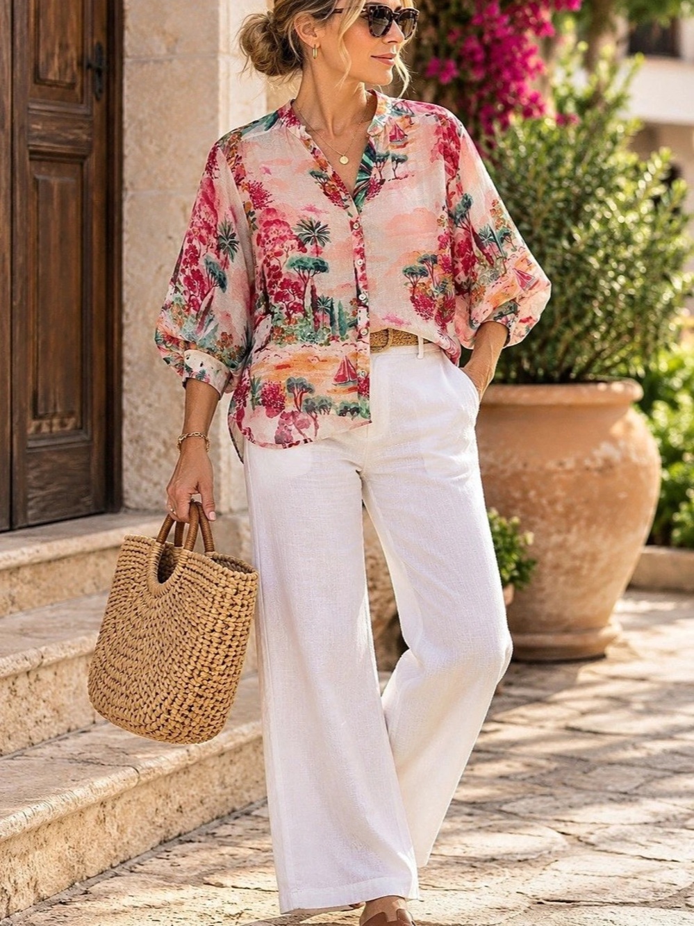 Figueroa & Flower Scenic Print Blouse Medium Balloon Sleeve Button